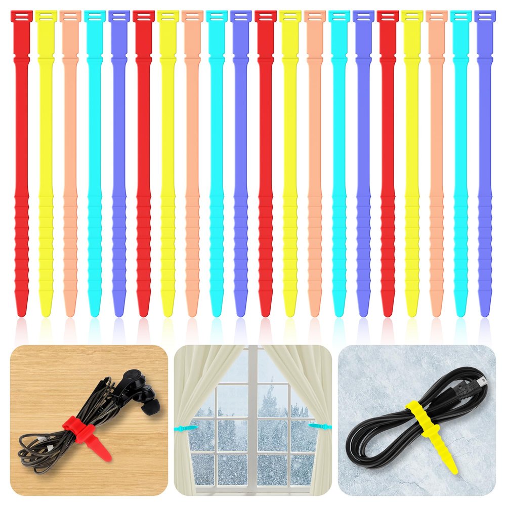 Silicone Zip Ties, 7" Reusable Zip Ties, 20pcs Rubber Cable Ties Straps for Wire Management, Elastic Cable Organizer for Home Office Table Desk Cord Ties(18cm, 20pcs, Red, Yellow, Blue, Green, Orange)