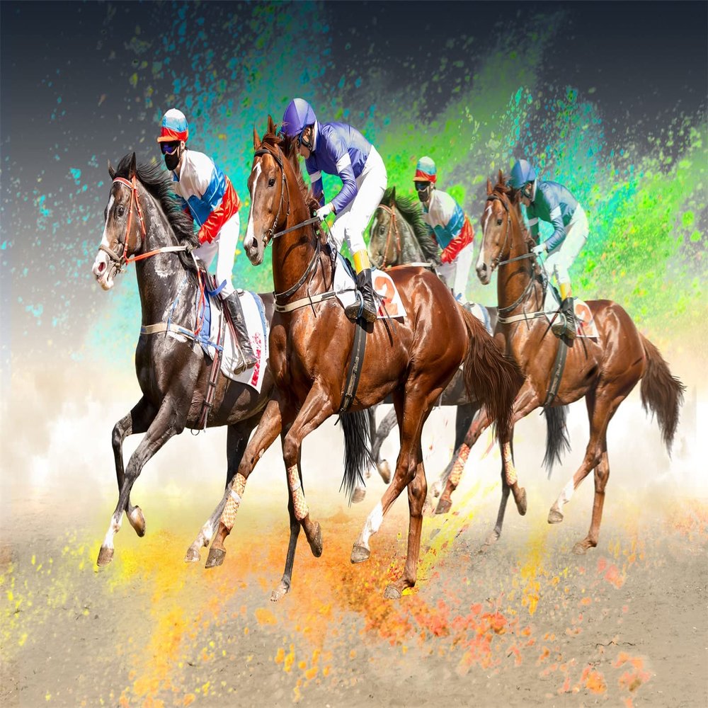 BELECO 10x8ft Fabric Horse Racing Backdrop for Photography Derby Party Decorations Racecourse Horseracing Background Jockeys and Racing Horses Derby Party Supplies Photo Studio Props Wallpaper