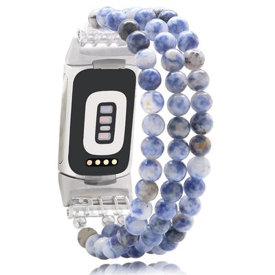 C&L Accessories Compatible with Fitbit Charge 5/Charge 6 Bands, Natural Gemstone Beaded Handmade Adjustable Bracelet Replacement Bands for Women (Sodalite)