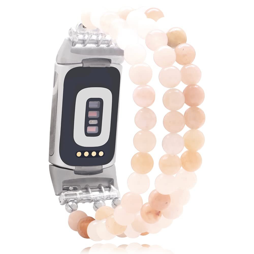 C&L Accessories Compatible with Fitbit Charge 5/Charge 6 Bands, Natural Gemstone Beaded Adjustable Bracelet Replacement Bands for Women (Pink Aventurine)