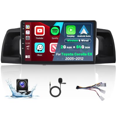 Car Radio for Toyota Corolla EX 2005-2012: [2G+64G] 9 inch Car Stereo with Mirror Link, Touch Screen Upgrade for Corolla with Carplay and Android Auto GPS Bluetooth WiFi HiFi SWC FM RDS Backup Camera