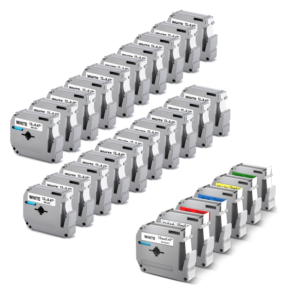 21 White + 5 Color Compatible with Brother PTouch Label Maker Tape Refill 12mm 0.47 M Tape M-K231 M-K231S M231 MK231 M-231 for Brother PTouch PTM95 PT-65 PT-70 PT-70bm PT-45 More
