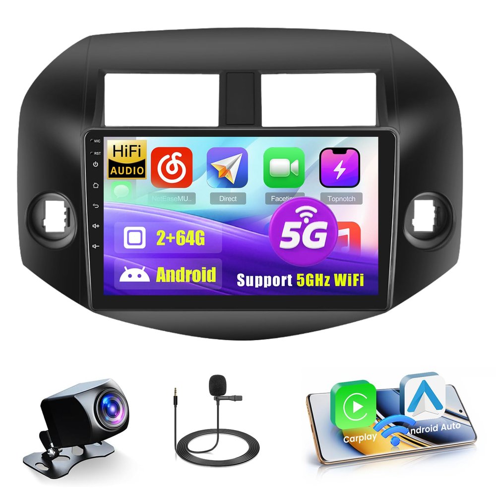 5GHz WiFi 2+64G Android Car Radio for 2006-2012 Toyota RAV4, 10.1'' Touchscreen Bluetooth Radio with Wireless CarPlay Android Auto, GPS Navigation, Mirror Link, HiFi, FM RDS, SWC