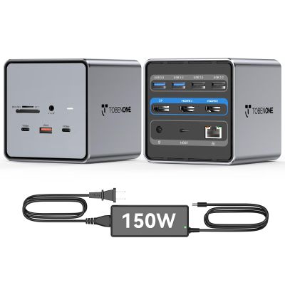 TobenONE USB C Docking Station Dual/Triple Monitors with 150W Power Adapter for Dell/HP/Lenovo/Surface/Asus/Chromebook, 2 HDMI, DP, 5 USB, Ethernet, SD 4.0/Micro SD