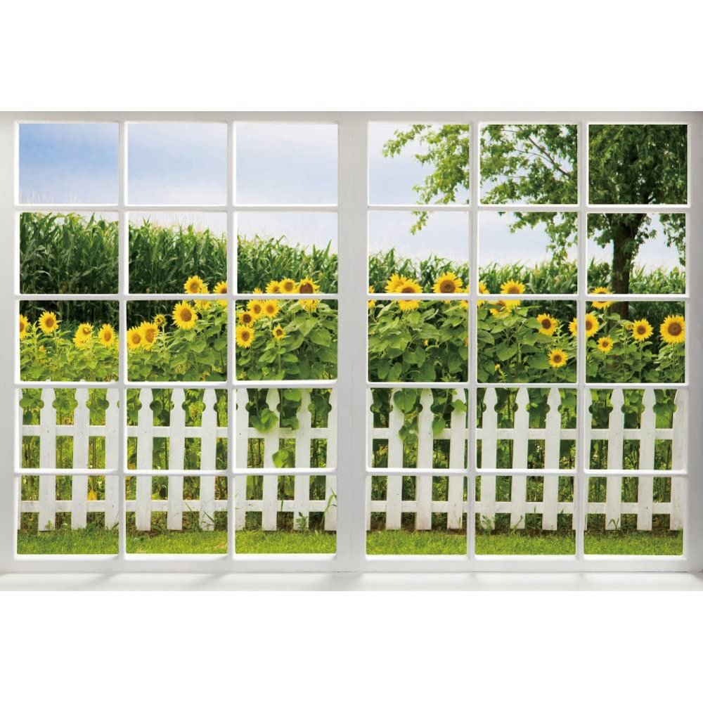 Renaiss 8x6ft Spring Sunflower Window Scenery Backdrop White Fence Yellow Sunflowers Countryside Garden Nature Landscape Photography Background for Girl Woman Wedding Birthday Party Studio Props