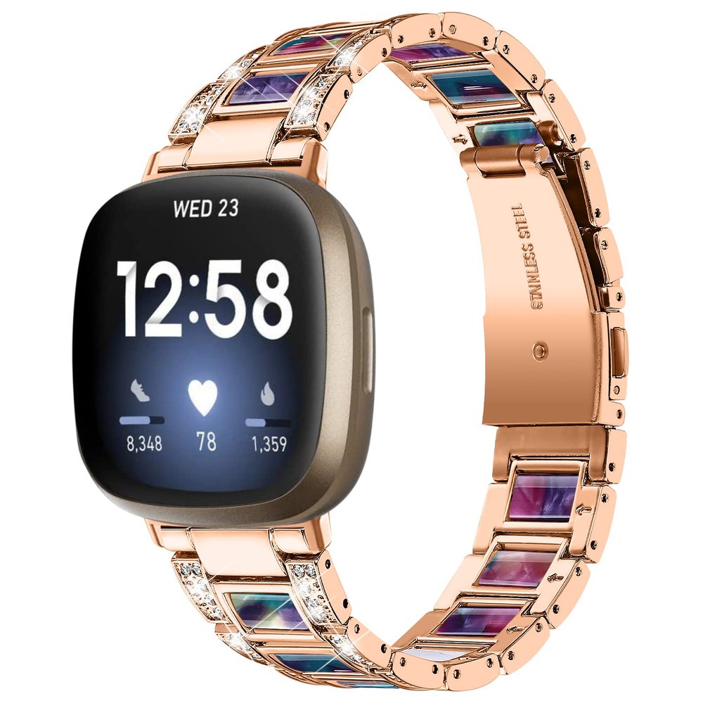 AISPORTS Compatible for Fitbit Versa 4/Sense 2 Band Stainless Steel Resin for Women, Crystal Bling Glitter Diamonds Metal Bracelet Sport Wristband Replacement Band for Fitbit Versa 4/Sense 2