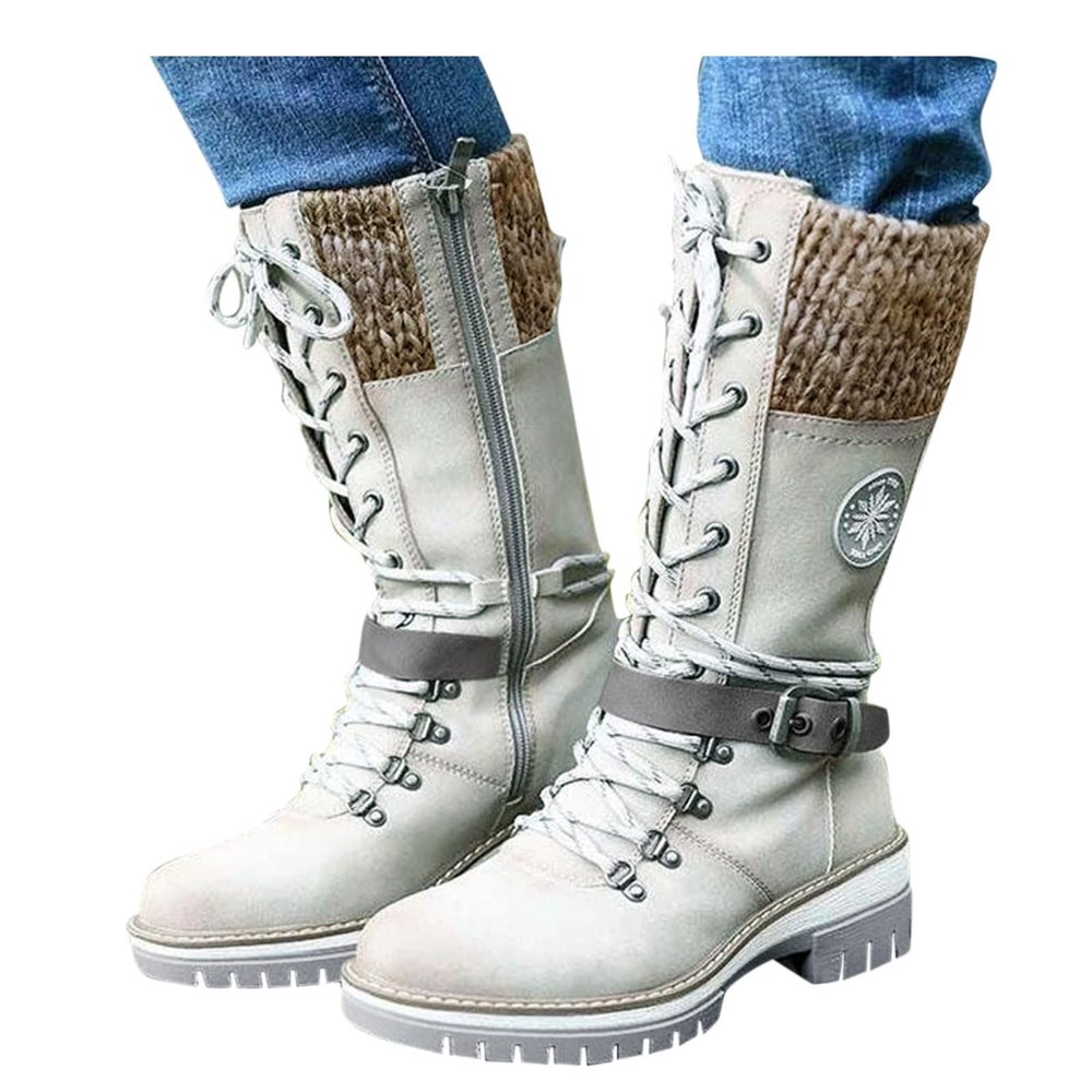 ZBYY Cowboy Mid Calf Boots for Women Chunky Low Heels Western Combat Boots Winter Low Heel Round Toe Slip On Knight Riding Boots