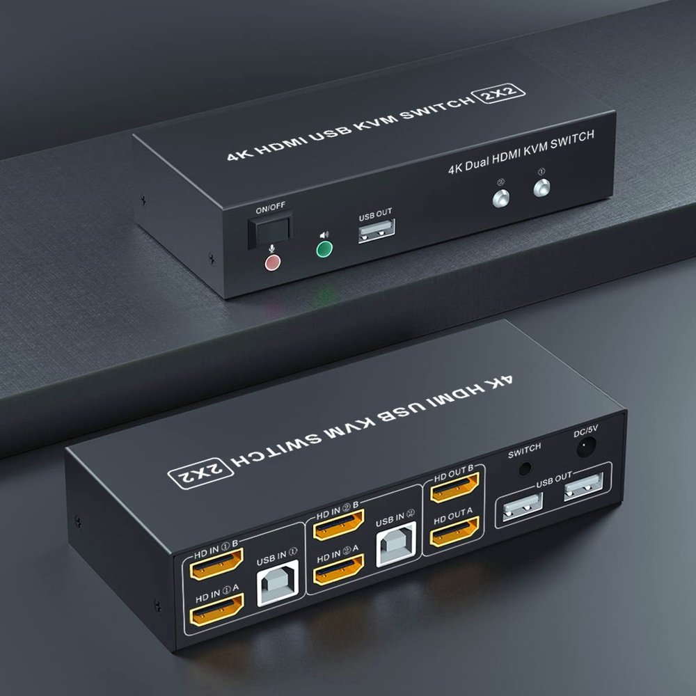 Dual Monitor KVM Switch HDMI 2 Port, 4K@60Hz KVM Switch 2 Monitors 2 Computers with Audio Microphone Output and 3 USB Ports, PC Dual Monitor Keyboard Mouse Switcher
