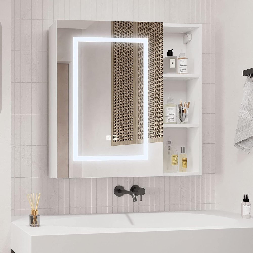 Mepplzian Medicine Cabinets with Light,LED Bathroom Mirror Cabinet with Storage,Mirrored Lighted Medicine Cabinet Wall Mounted,Medicine Cabinets for Bathroom,Botiquin para Bao con Espejo,28X28inch