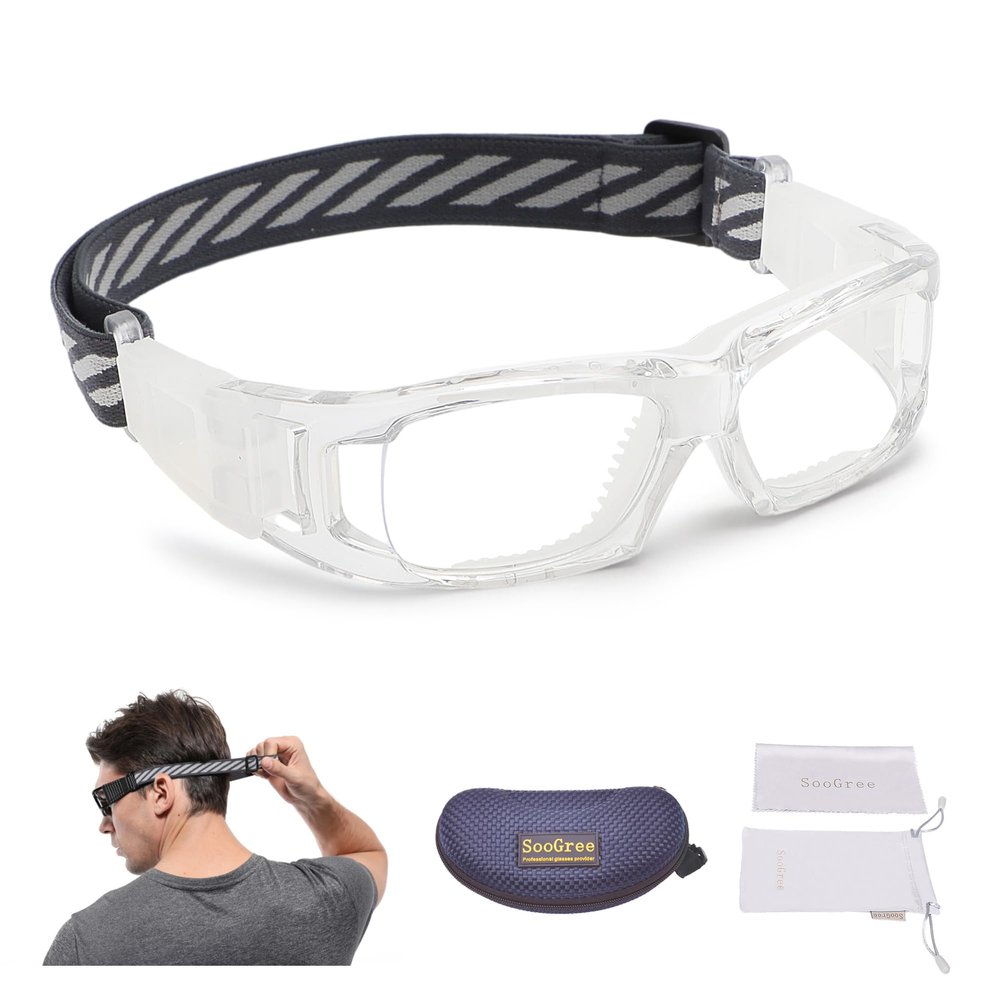 SooGree Kids Sport Goggles Glasses,Protective Eyewear Goggles,Eye Safety Glasses,Replaceable to Prescription Lenses Age 8-16 (Transparent Frame White Pad)