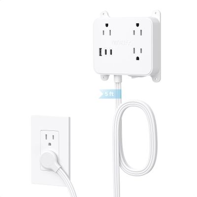 TROND Flat Plug Power Strip, 5FT Ultra Thin Flat Extension Cord with 3 AC Outlets, Wall Mount USB Plug Behind TV, Wall Outlet to Hide in Drawer, Attach Under Desk Cabinet Vanity Counter