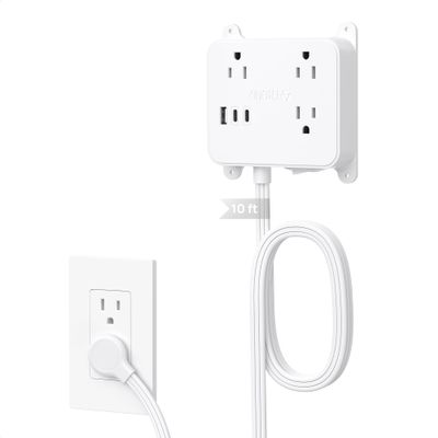 TROND Ultra Flat Plug Power Strip - Extension Cord 10FT with 3 USB Chargers, Power Strip with Long Cord, 3 Widely Outlets Charging Station, Wall Mount for Home Dorm Room Essentials