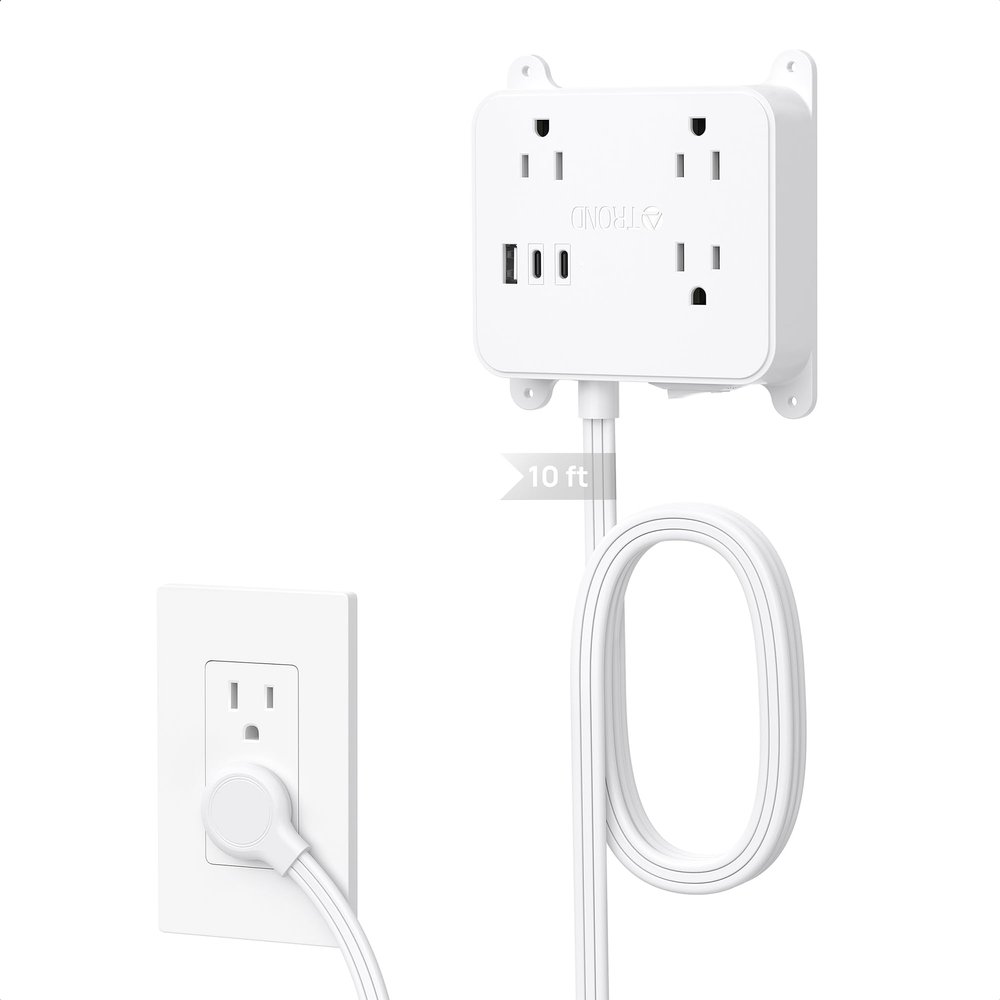 TROND Ultra Flat Plug Power Strip - Extension Cord 10FT with 3 USB Chargers, Power Strip with Long Cord, 3 Widely Outlets Charging Station, Wall Mount for Home Dorm Room Essentials