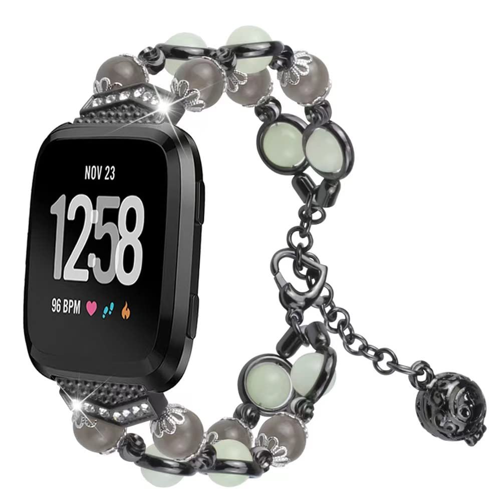EXENXA Watch Band Compatible with Fitbit Versa 4, Fashion Women Girl Stainless Steel + Pearl Replacement Strap Adjustable Metal Wrist Band Compatible with Fitbit Versa 4 - Black