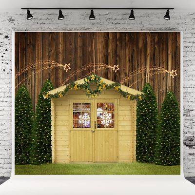10x10ft Christmas Wood Backdrops Christmas Barn Door Photography Background Christmas Tree Star Brown Wooden Wall Background for Family Party Wall Decoration Photo Studio Props