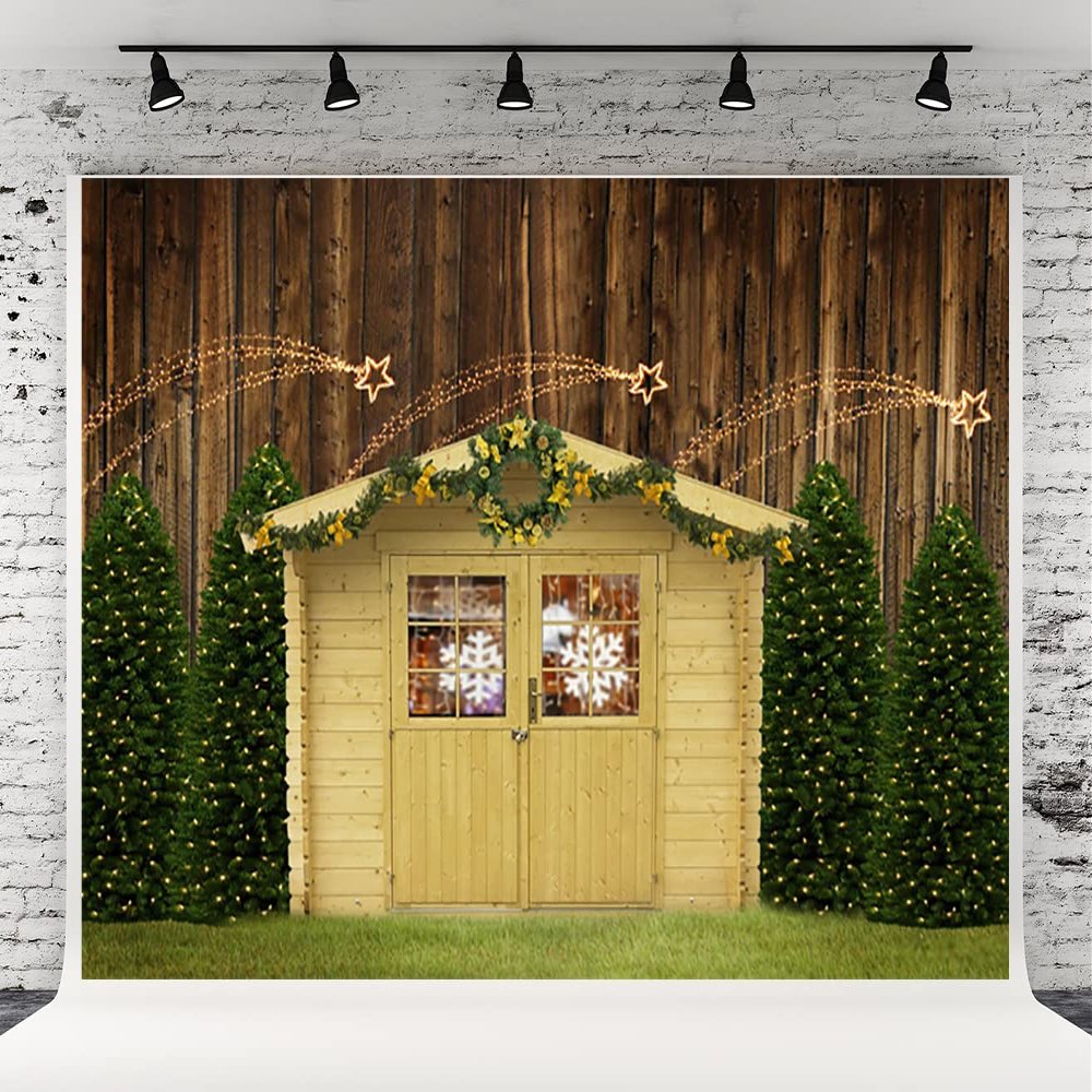 10x10ft Christmas Wood Backdrops Christmas Barn Door Photography Background Christmas Tree Star Brown Wooden Wall Background for Family Party Wall Decoration Photo Studio Props