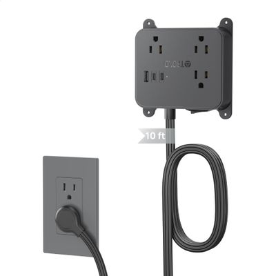 TROND Flat Plug Power Strip - 10FT Long Extension Cord with 3 AC Outlets, 2 USB-C Ports, 1 USB-A Port, Long Cord Desk Charging Station, Wall Mount for Home, Office Accessories, Dorm Room Essentials