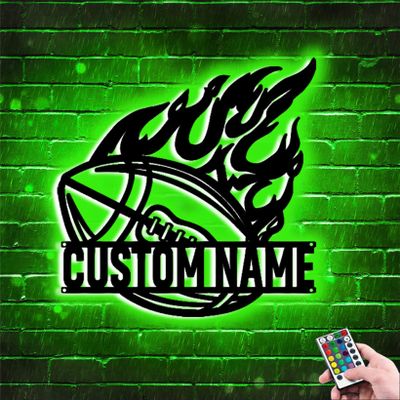 Personalized Football LED Metal Art Sign Light up Football Name Wooden Sign Multi Color Football Art Lamp Rugby Neon Wall Decor for Boy's Room (American Football Wall Sign)