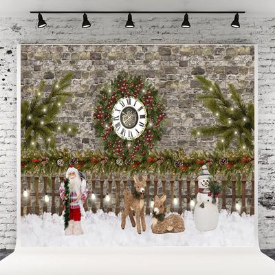 10x10ft Christmas Photography Backdrop Christmas Brick Wall Pine Branch Background Fence Santa Claus Reindeer Snowman Background