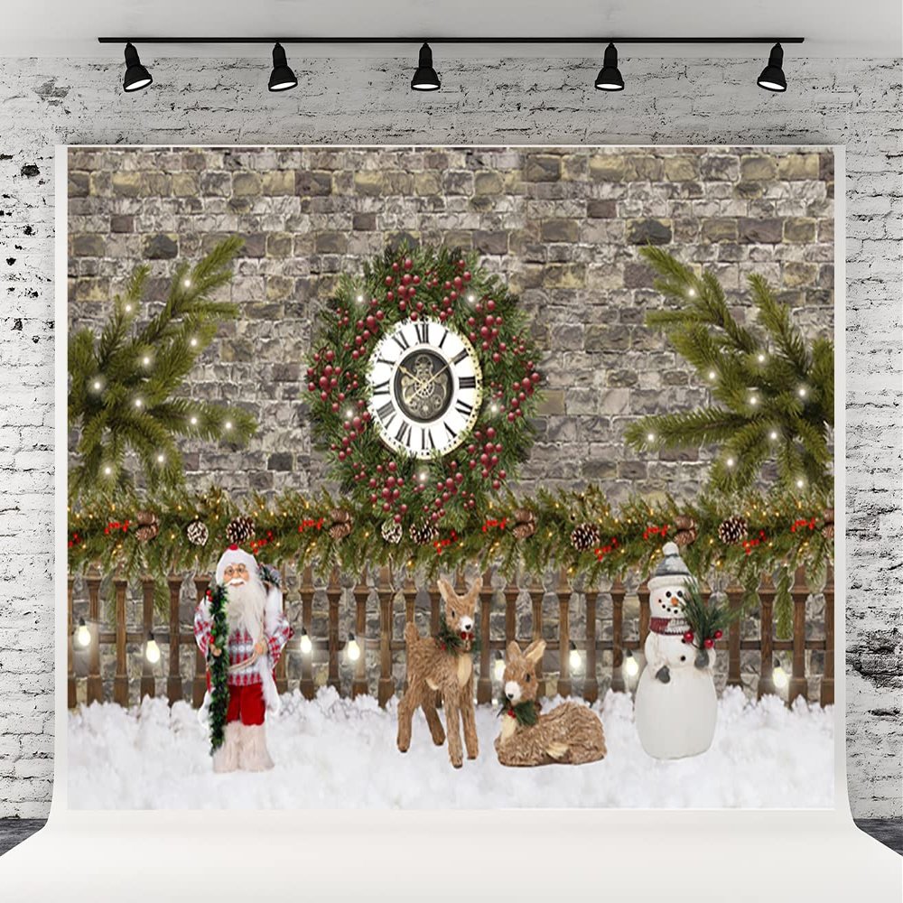 10x10ft Christmas Photography Backdrop Christmas Brick Wall Pine Branch Background Fence Santa Claus Reindeer Snowman Background