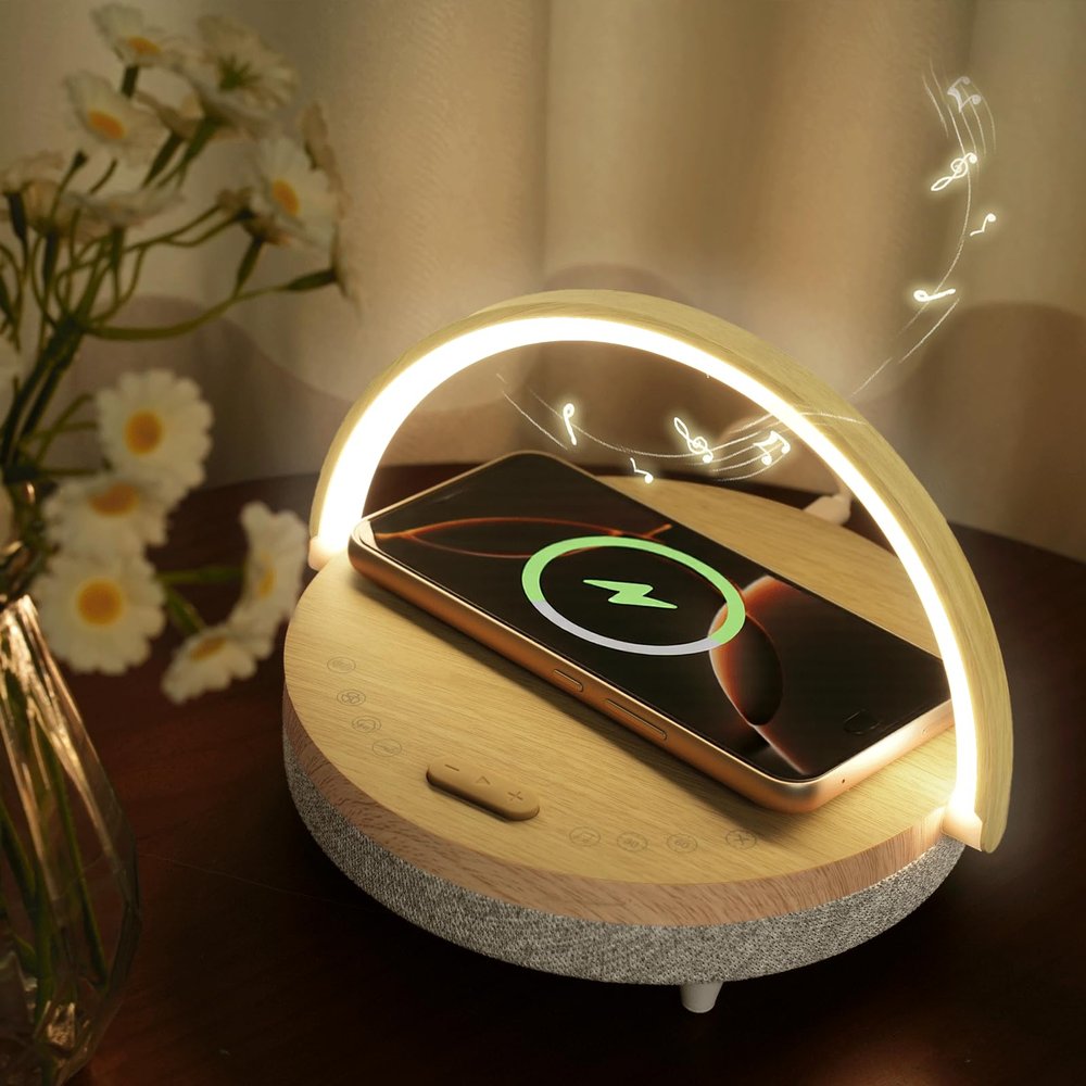 Bedside Table LED Night Light with Wireless Charger and Bluetooth Speaker, Desk Lamp As Sleep Aid White Noise Machine and Phone Holder, Great Birthday Gifts for Girlfriend, WomenMusic Upgrade