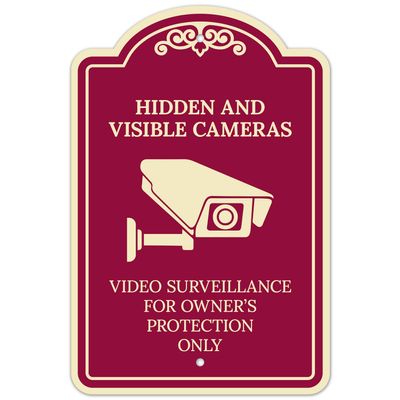 Hidden and Visible Cameras Video Surveillance for Owner Protection Dcor Sign, Burgundy Dark, 12x18 Inches, ACM, Fade Resistant, Made in USA