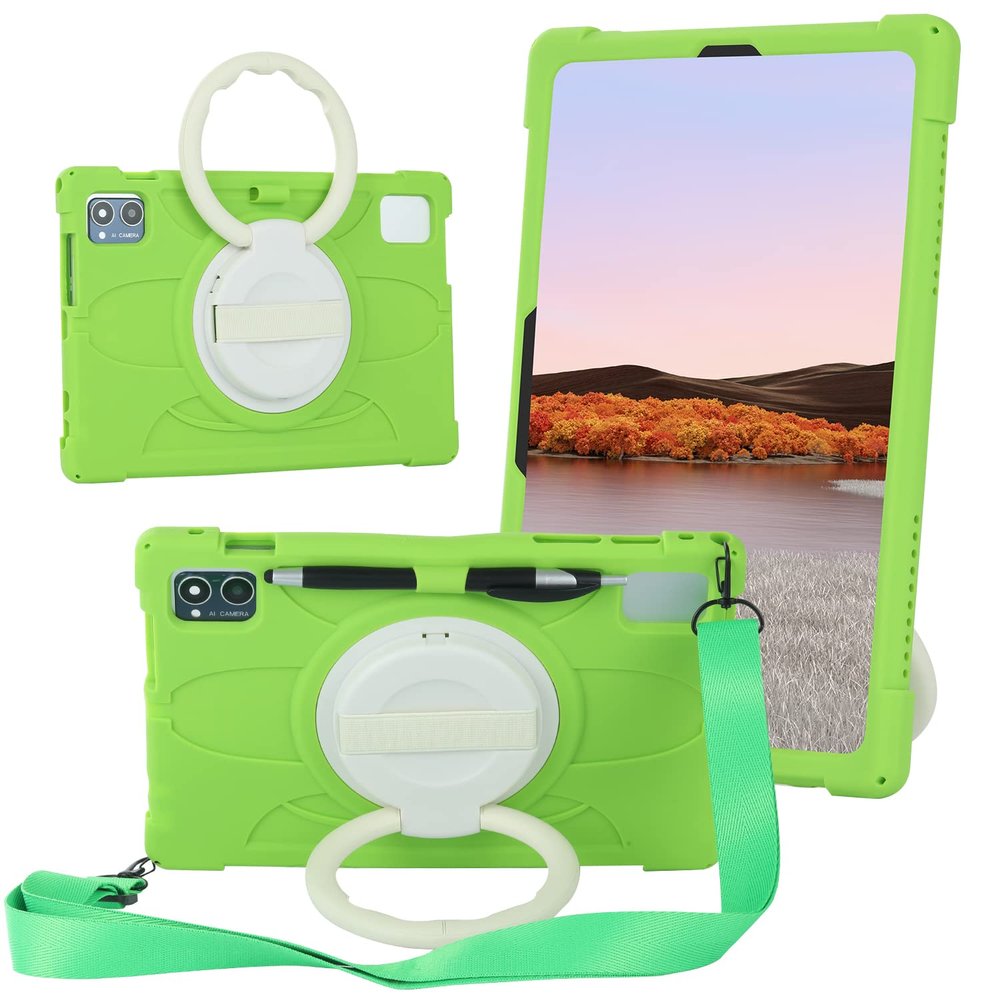 AKNICI TECLAST Tablet M40Plus P30S P40HD Case Kids, Shockproof Silicone Case with 360 Kickstand Handle Shoulder Strap Pencil Holder Cover for TECLAST M40Plus P30S P40HD/Blackview Tab 12, Green
