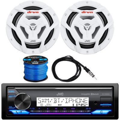 JVC KDX Single DIN Marine Bluetooth USB AUX AM/FM Radio Digital Media Receiver Bundle Combo with 1 Pair of 6.5" 300 Watts Max Power 2-Way Coaxial White Audio Speakers, Radio Antenna, Speaker Wiring
