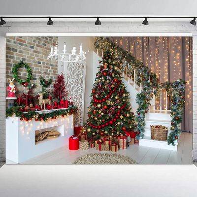 10x8ft Christmas Photography Backdrop Christmas Scene Xmas Tree Decoration Background for Photography Christmas Fireplace Photo Background for Family Party Pictures Customized Photo Booth Studio Props