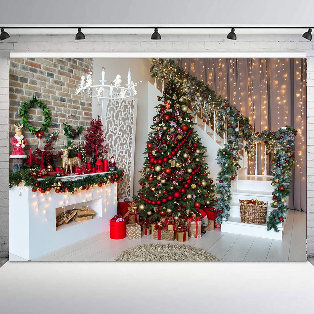 10x8ft Christmas Photography Backdrop Christmas Scene Xmas Tree Decoration Background for Photography Christmas Fireplace Photo Background for Family Party Pictures Customized Photo Booth Studio Props