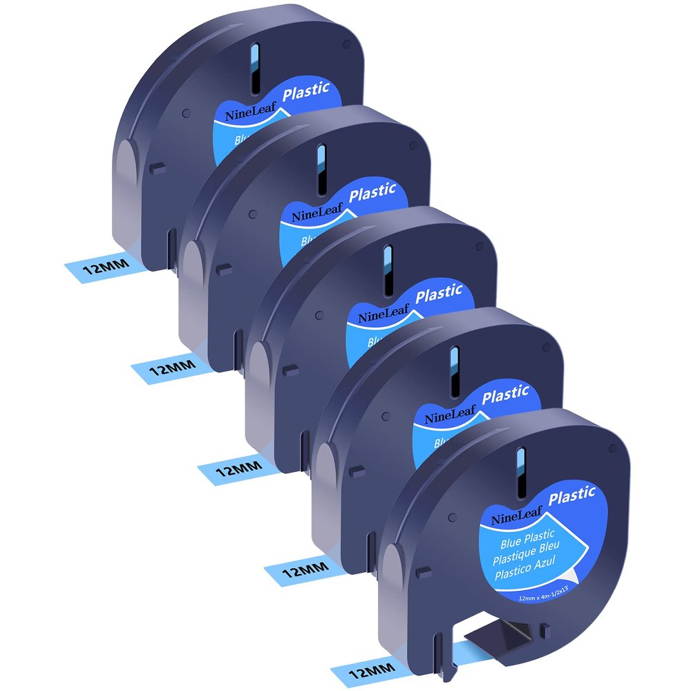 NineLeaf Compatible for DYMO LetraTag Refills 91335 S0721650 Blue Plastic Label Tape 12mm x 4m (1/2" x 13') Black on Blue Label Maker Tape Refill for Letratag Plus LT100H LT100T QX50, 5-Pack