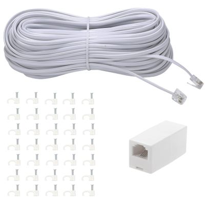 Ubramac 100Feet Long Telephone Extension Cord Phone Cable Line Wire, with Standard RJ11 Plug and 1 in-Line Couplers and 35Cable Clip Holders-White