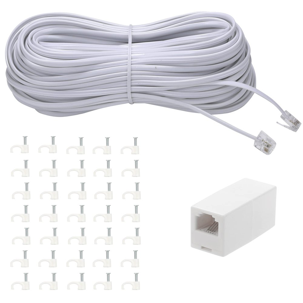 Ubramac 100Feet Long Telephone Extension Cord Phone Cable Line Wire, with Standard RJ11 Plug and 1 in-Line Couplers and 35Cable Clip Holders-White