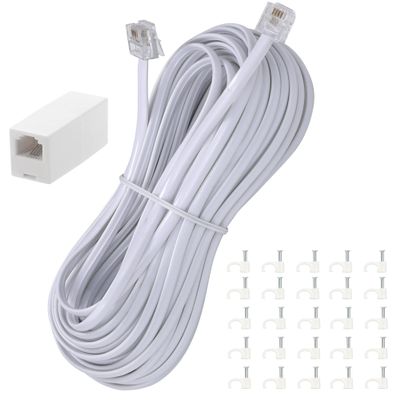 Ubramac 50Feet Long Telephone Extension Cord Phone Cable Line Wire, with Standard RJ11 Plug and 1 in-Line Couplers and 25 Cable Clip Holders-White