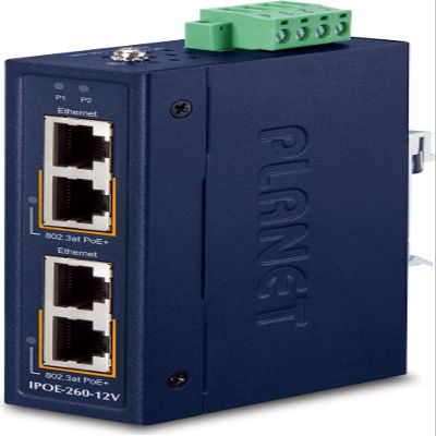 Planet Industrial 2-Port 10/100/1000T 802.3at PoE+ Injector, IPOE-260-12V (802.3at PoE+ Injector w/ 12V Booster)