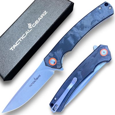TACTICAL GEARZ Pocket Folding Knife for EDC, Carbon Fiber Handle, D2 Steel Blade, Includes Sheath (Okab)