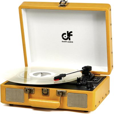 Vintage Record Player with Bluetooth 3-Speed Portable Suitcase Vinyl Record Player with Speakers, USB/SD Card Recording, RCA, AUX-in, Headphone Jack, Retro Turntable