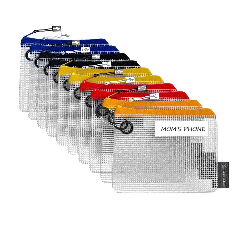 10 - USB Cable Organizer Pouches, Manage Cables, Travel Cable Oranizer, Color Coded with USB Zipper Pulls