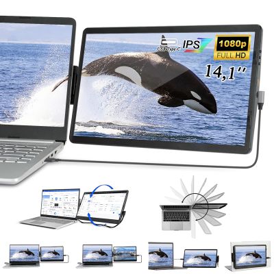 Laptop Screen Extender, 14.1" FHD 1080P IPS Laptop Monitor Extender Dual Screen, Swivel Attachable Portable Monitor for Laptops with USB-C/HDMI Port, Plug n Play for Windows/Mac/Android