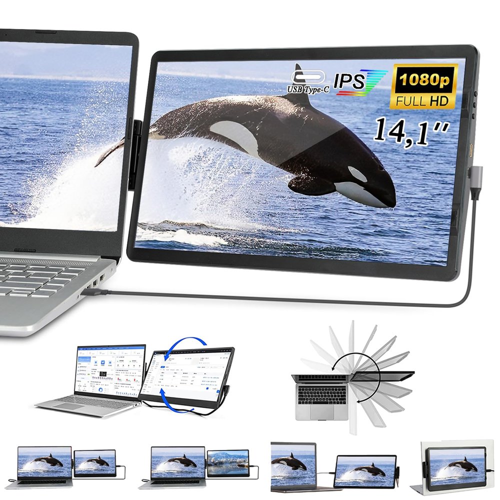 Laptop Screen Extender, 14.1" FHD 1080P IPS Laptop Monitor Extender Dual Screen, Swivel Attachable Portable Monitor for Laptops with USB-C/HDMI Port, Plug n Play for Windows/Mac/Android