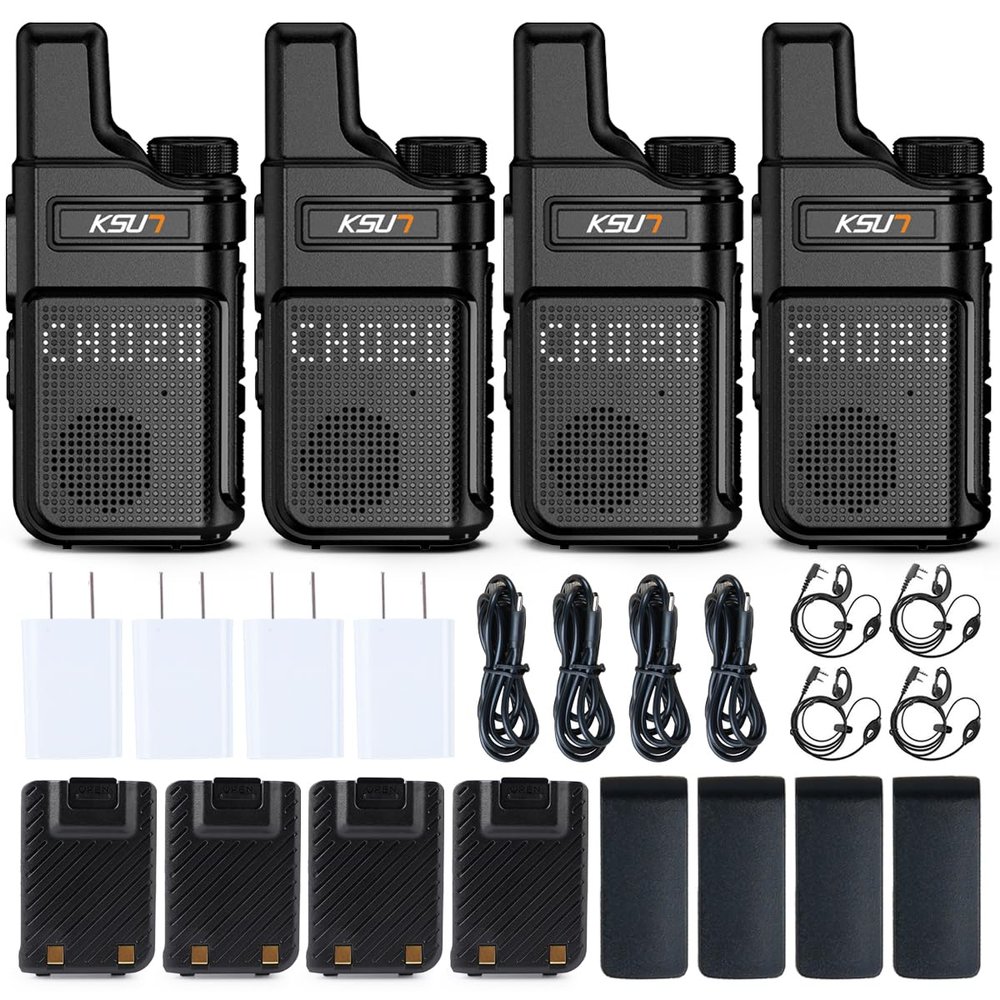 KSUN Walkie Talkies with Earpiece and Mic 22 Channels Drop-Resistant, Long Range Dotted Matrix Display VOX 4000mAh Rechargeable Battery for Adults Hiking Camping M6 (4 Pack)