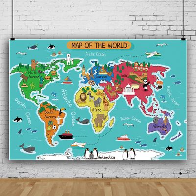 10x6.5ft Cartoon Animals World Map Blue Ocean Theme World Map Geography World Backdrop Cartoon Animals World Map Phtography Backdrop for Kids Educational Teaching Backdrop