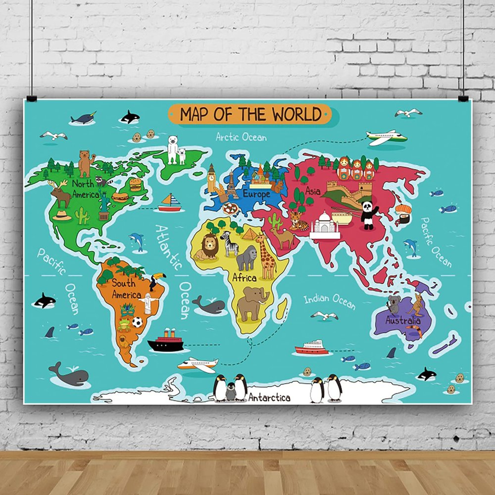 10x6.5ft Cartoon Animals World Map Blue Ocean Theme World Map Geography World Backdrop Cartoon Animals World Map Phtography Backdrop for Kids Educational Teaching Backdrop