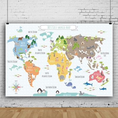12x8ft Cartoon Theme World Map Backdrop My First World Map Phtography Backdrop for School Classroom Online Teaching Education Kids Photoshoot Photo Background Props