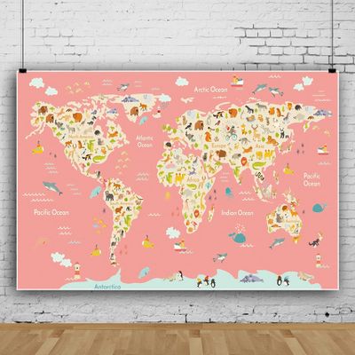 10x8ft Animals Map Backdrop Pink Theme World Map Geography World Backdrop Pink Cartoon Animals Animals World Map Phtography Backdrop for School Classroom Online Teaching Education Props