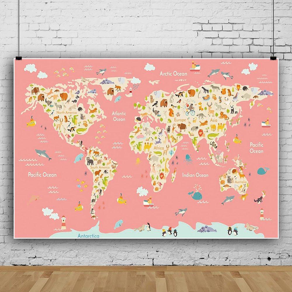 10x8ft Animals Map Backdrop Pink Theme World Map Geography World Backdrop Pink Cartoon Animals Animals World Map Phtography Backdrop for School Classroom Online Teaching Education Props