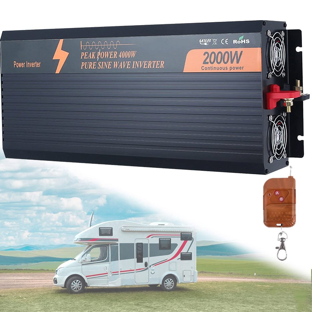 1000W/1500W/2000W/3000W/3500W Pure Sine Wave Inverter 12V/24V/48V DC to 110V /230V AC Converter for Home, RV, Power Inverter 12V to 110V with 3 AC Port and 1 USB,Remote Controller,2000W-12Vto110V