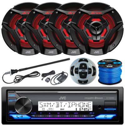 JVC Single DIN Marine Bluetooth USB AUX AM/FM Digital Media Receiver, 2 Pairs of 6.5" 260W 2-Way Multicolor LED Speakers (Black), Satellite Radio Tuner, Antenna, Speaker Wire, RMRK62M Wired Remote