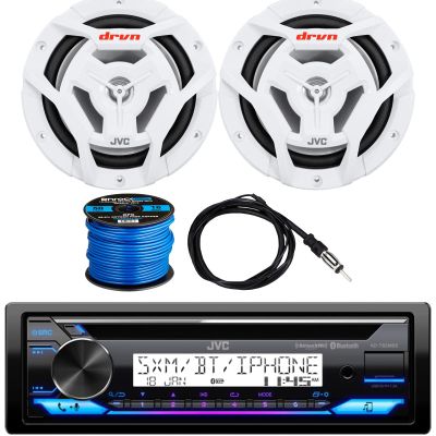 JVC KDT Single DIN Marine Bluetooth USB AUX AM/FM Radio Stereo CD Player Receiver Bundle Combo with 2X 6.5 300 Watts Max Power 2-Way Coaxial White Audio Speakers, Radio Antenna, Speaker Wiring