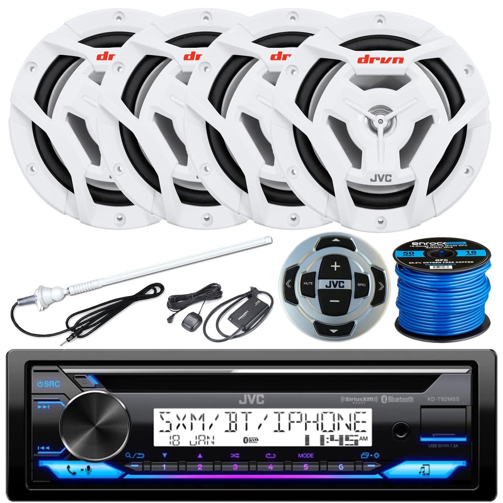 JVC KDT in-Dash Marine Bluetooth USB AUX AM/FM Radio CD Player Receiver, 2 Pairs of 6.5" 300W 2-Way Coaxial White Audio Speakers, Satellite Radio Tuner, Antenna, Speaker Wire, RMRK62M Wired Remote